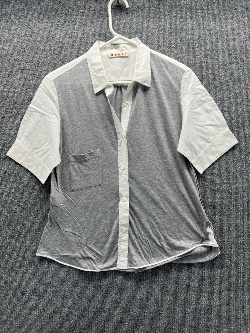 Marni Shirt Women 42 Gray Collared Short Sleeve Colorblock Jersey Button Up